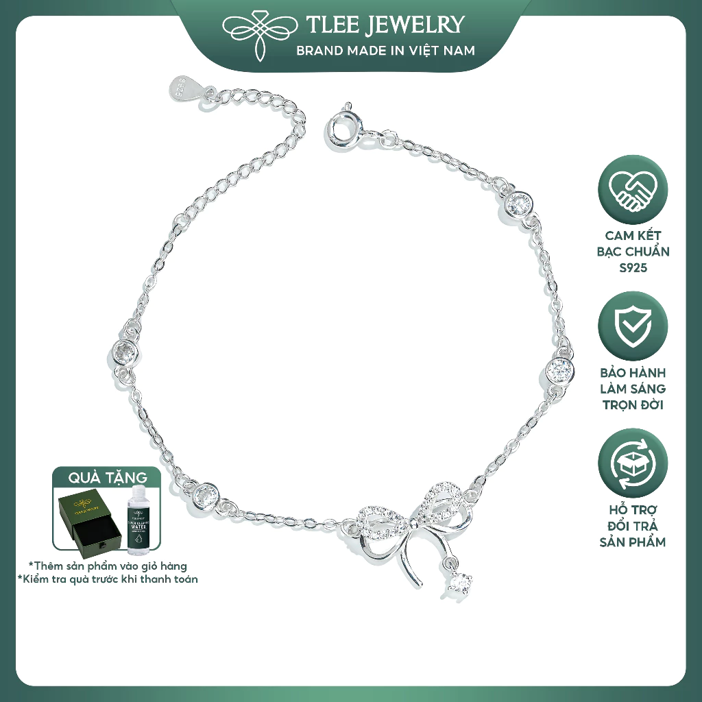 Lắc tay bạc nữ TLEE, vòng tay nơ treo hạt đá nhẩy lấp lánh TLEE JEWELRY LT0214