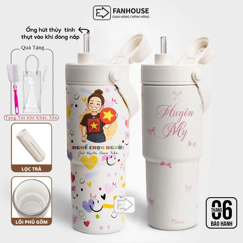 Ly giữ nhiệt Simply Inox 316 cao cấp 735ml lõi phủ sứ cốc giữ nhiệt Fan House có ống hút, quai xách