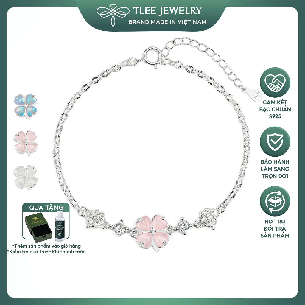 Lắc tay bạc nữ TLEE dây hoa cỏ bốn lá cánh tim đính đá đa sắc thu hút may mắn TLEE JEWELRY LT0469