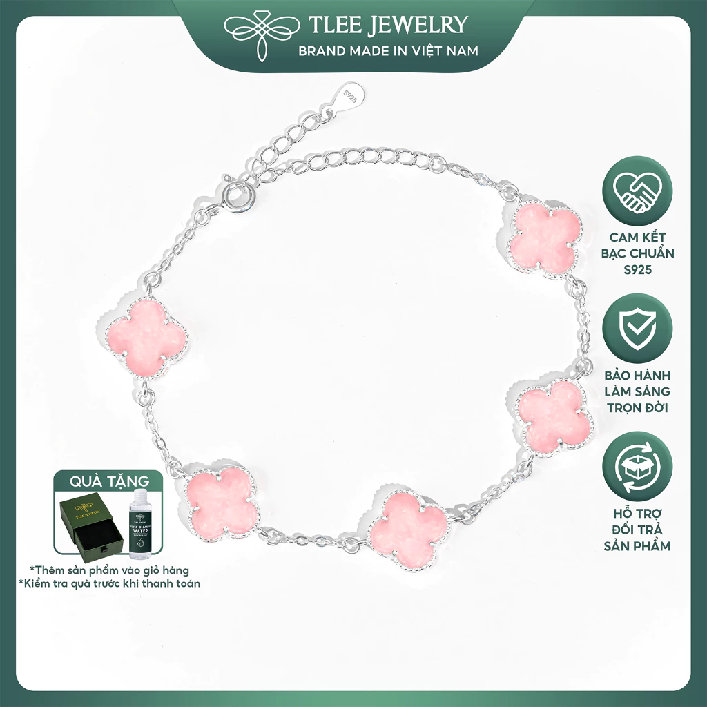 Lắc tay bạc nữ TLEE năm charm hoa cỏ bốn lá đơn sắc sang trọng đá 10mm TLEEJEWELRY LT0409