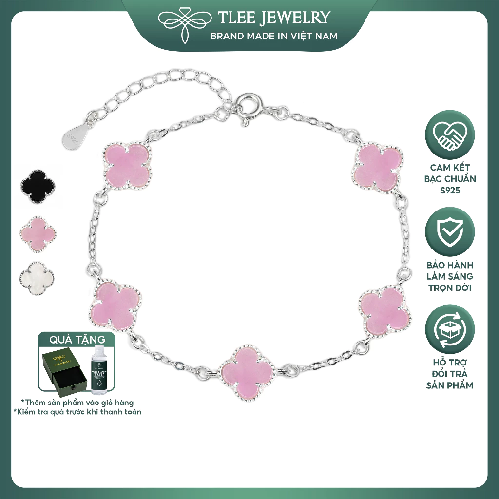 Lắc tay bạc nữ TLEE năm charm hoa cỏ bốn lá đơn sắc sang trọng đá 8mm TLEE JEWELRY LT0475