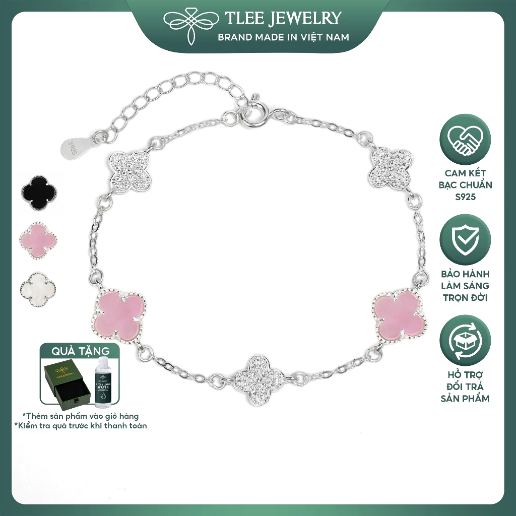 Lắc tay bạc nữ TLEE năm charm hoa cỏ bốn lá đa sắc sang trọng đá 8mm TLEE JEWELRY LT0474