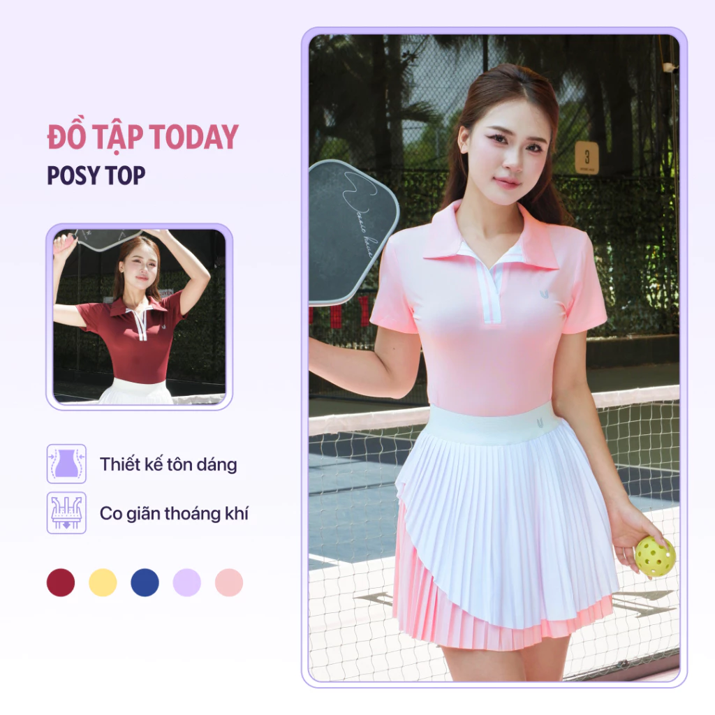 [Xả Kho Giá Hời] Áo thun thể thao nữ cổ polo cách điệu cộc tay Posy top Today U Wear phù hợp chơi cầu lông, pickleball,