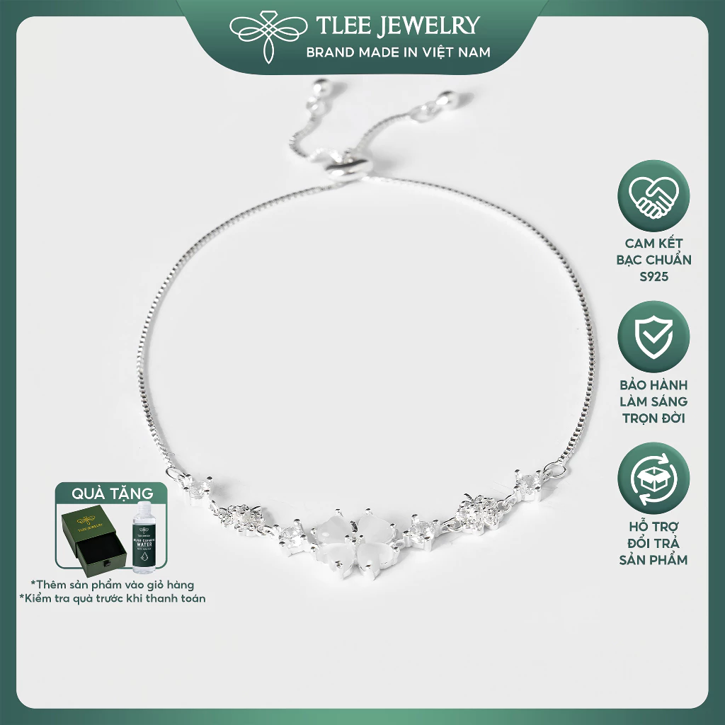 Lắc tay bạc nữ TLEE cỏ bốn lá đá trắng lấp lánh dây rút bạc 925 cao cấp TLEE JEWELRY LT0112