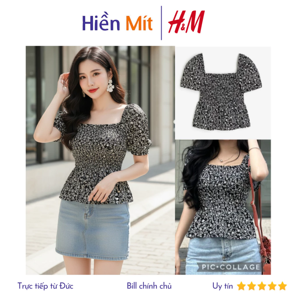 (Size XS) H&M Đức - Áo kiểu peplum bo chun nhún thun cổ vuông tay phồng hoa nhí màu đen sale auth new tag sẵn 115787200
