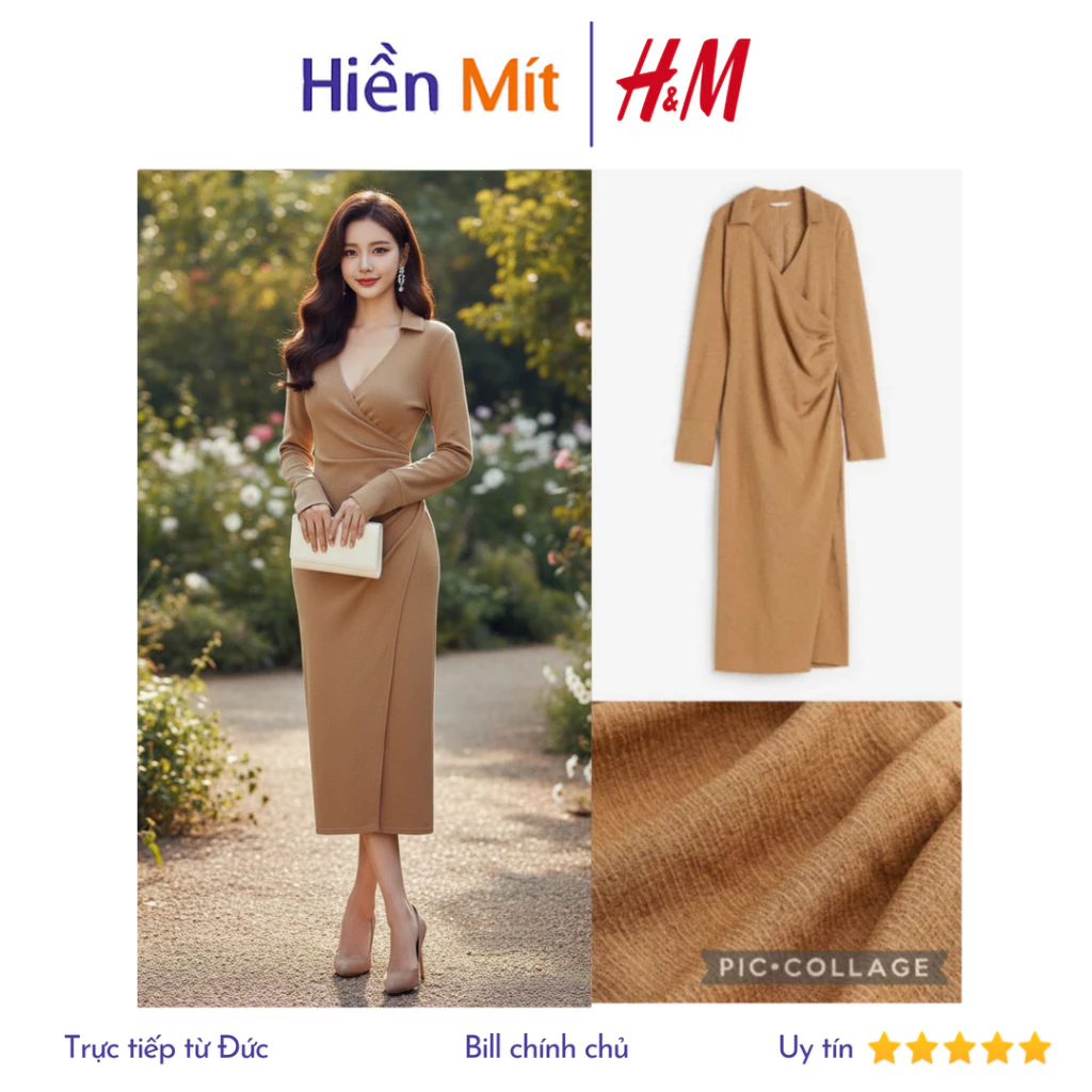 (Size XS) H&M Đức - Đầm dài midi cổ bẻ V nhún eo dài màu be nâu sale auth new chính hãng sẵn 1199017004 sơ mi