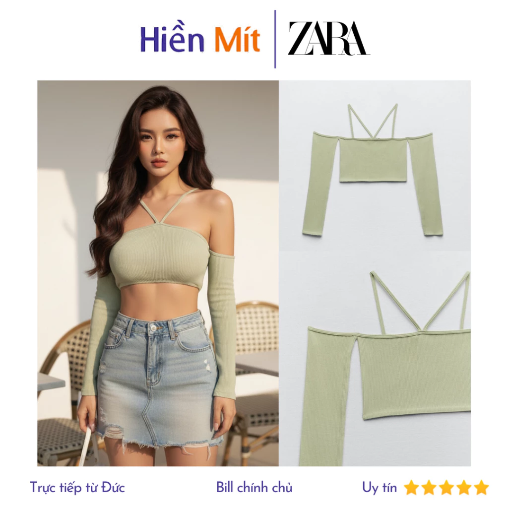 ZARA Đức -  Áo kiểu croptop body trễ vai dây chéo tay dài thun gân màu xanh lá sale auth new tag cao cấp có sẵn 1014/801