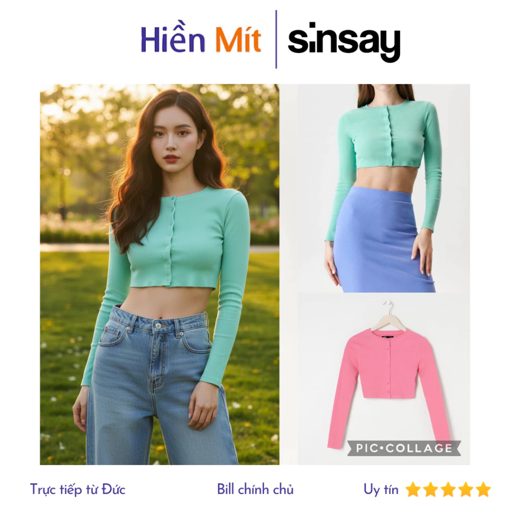 (Size XXS) SINSAY Đức - Cardigan croptop cổ tròn hai màu tím xanh tôn dáng siêu xinh auth chính hãng mã 7761J-04X