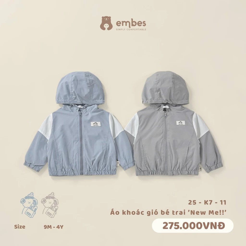 Áo Khoác Gió Embes, Áo Khoác Thu Đông In Họa Tiết Cho Bé Trai Chất Vải Gió Mềm Mỏng Size Từ 8-18Kg