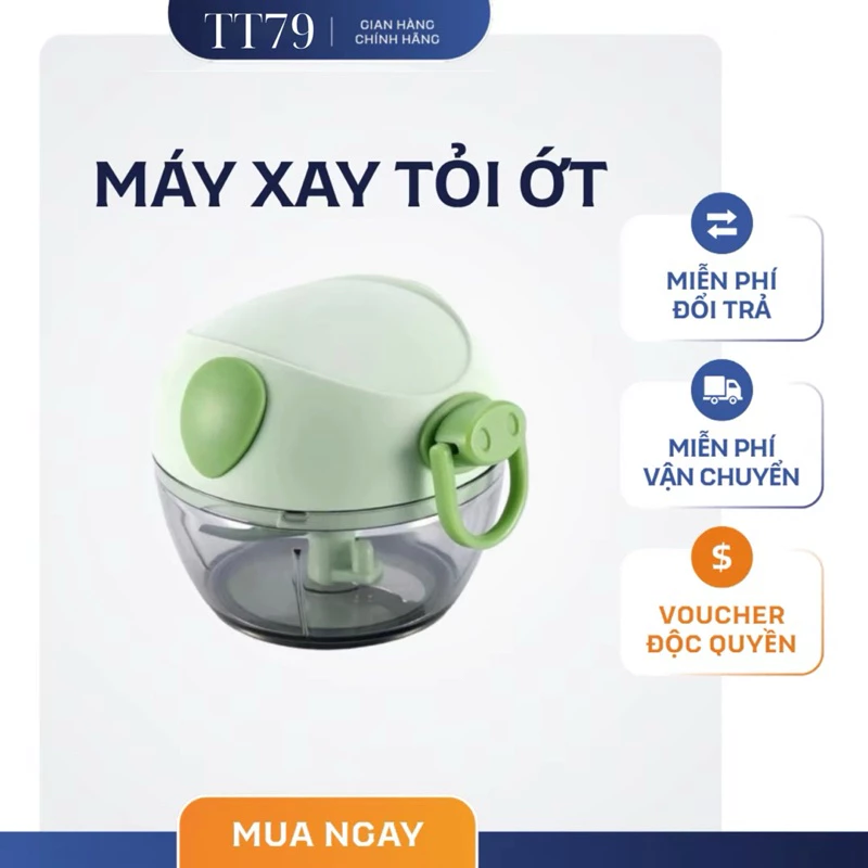 Máy Xay Tỏi Ớt Lợn Xanh Kéo Tay Đa Năng 3 lưỡi Dao Sắc Bén Tiện Lợi Xay Mini