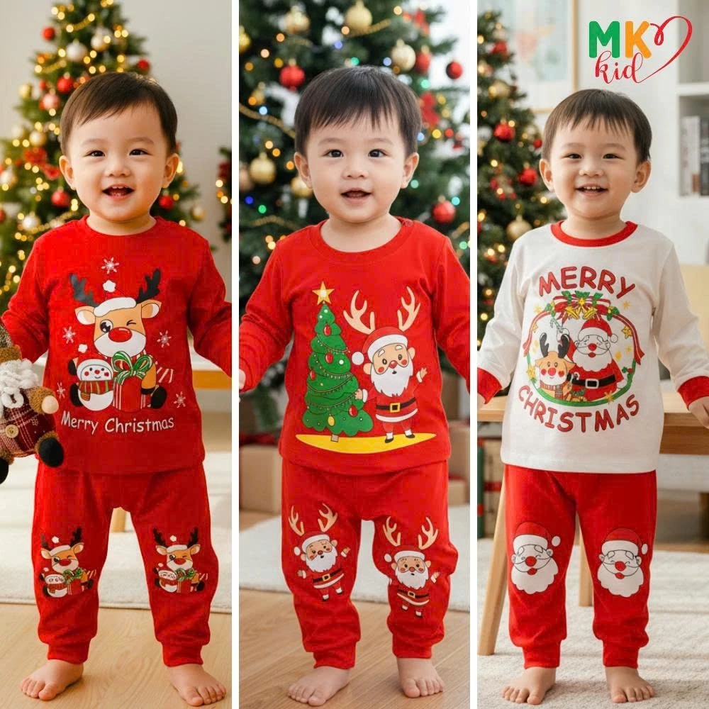 Bộ Dài Tay NOEL Cho Bé Trai Bé Gái 7-30KG, Đồ Tết Cho Bé  Chất Thun Lạnh Mềm Mát
