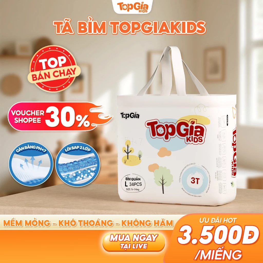 Tã/bỉm quần dán TopGiaKids pH<7 an toàn cho da, khô thoáng thấm hút tốt đủ size S /M / L/XL/XXL/XXXL