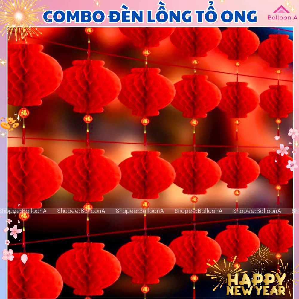 Combo 30/50/100 Đèn lồng đỏ tổ ong mini nilong treo trang trí lễ Tết, Tết nguyên đán, rằm Trung thu