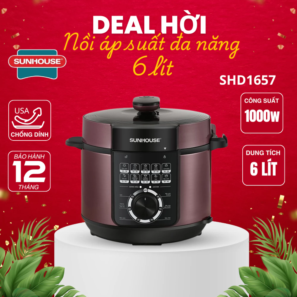 Nồi áp suất điện đa năng Sunhouse SHD1657 | Dung tích 6L | Công suất 1000W | Lòng nồi chống dính
