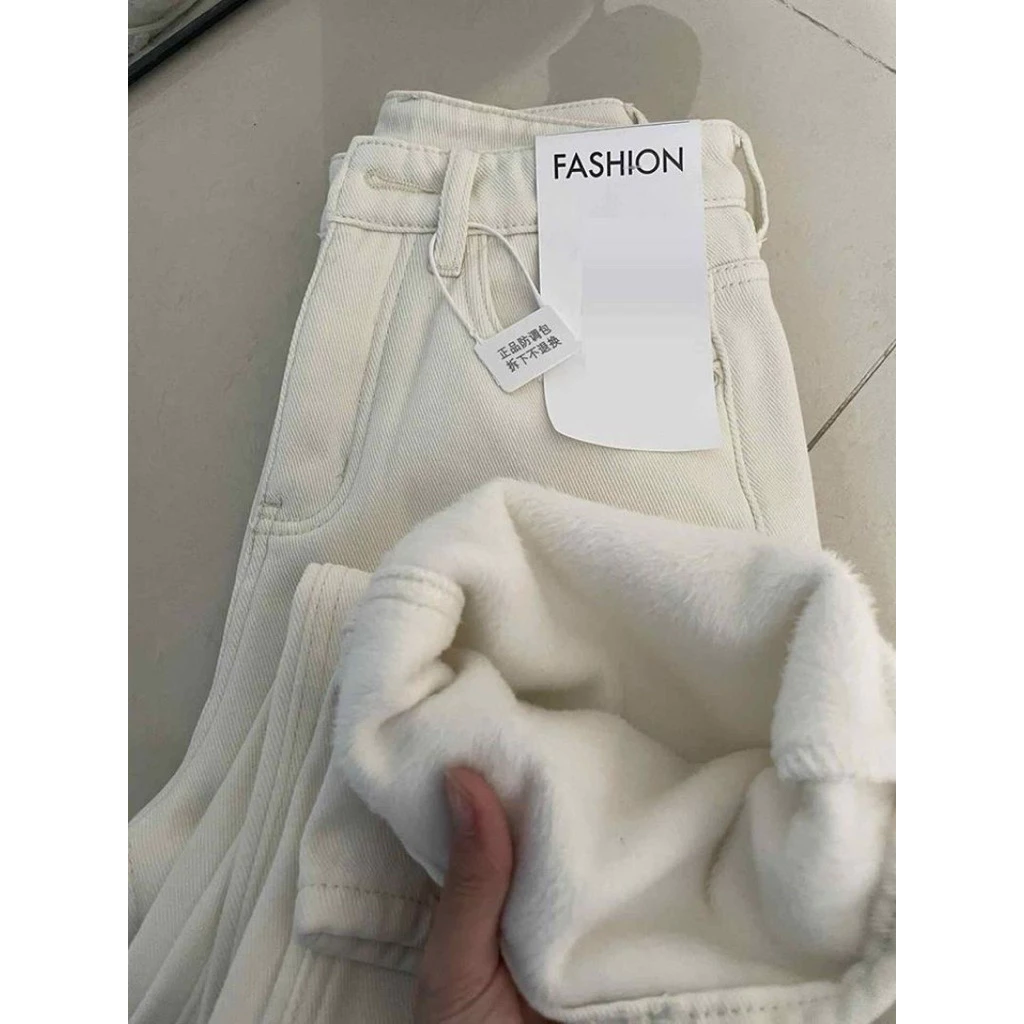 𝐂𝐡𝐚𝐫𝐥𝐨𝐭𝐭𝐞.𝐨𝐝_ [KÈM ẢNH THẬT] Quần Jeans Trắng Ống Suông Lót Lông Siêu Dày Ấm Áp Hàng Loại 1
