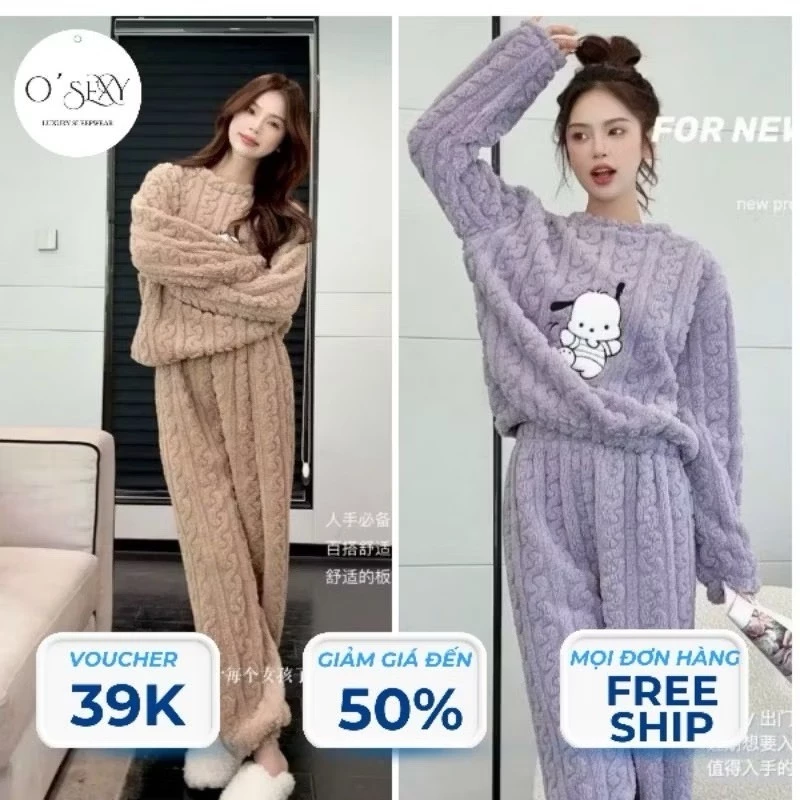 [SIÊU RẺ LOẠI 1 2027] Bộ quần áo bông dài tay ống rộng nữ Họa Tiết,bộ đồ mặc nhà nữ phong cách hàn quốc nhung lông