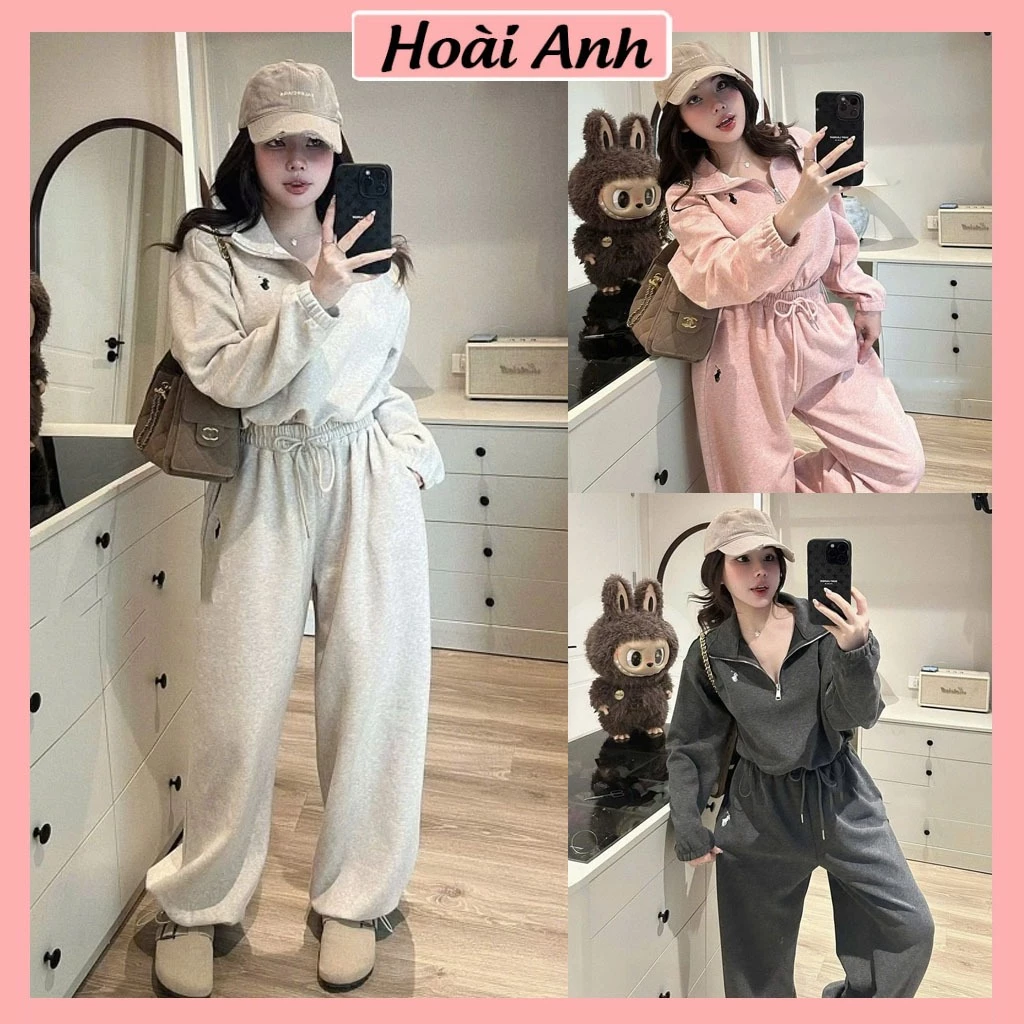 Set Bộ Đồ Nữ Len Tăm Lông Thỏ Thêu NGựa Áo Dài Tay Cổ Khóa Lửng Chun Gấu Mix Quần Suông Dài Dây Rút Gấu Ống Rộng