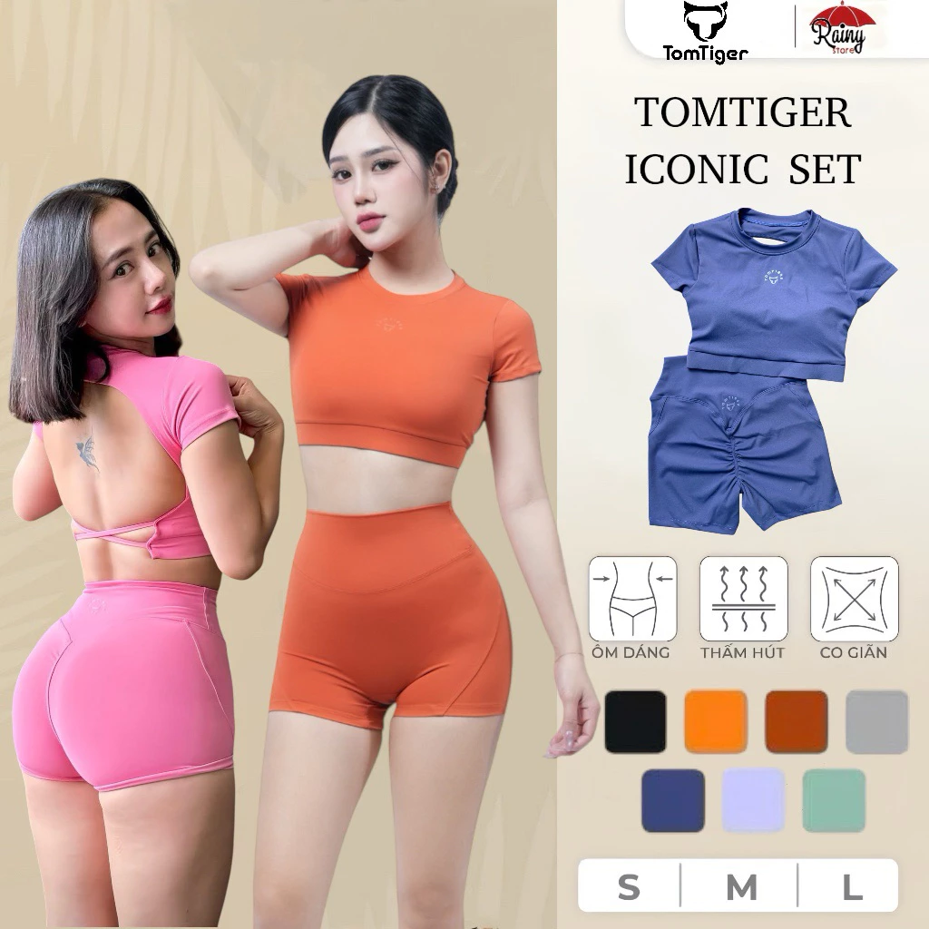 [ CHÍNH HÃNG - BỘ S/M ] TOMTIGER ICONIC Bộ Đồ Tập Gym, Đạp Xe, Chạy Bộ Quần Đùi Áo Crop Cộc Tay Alpha-  Rainy Store