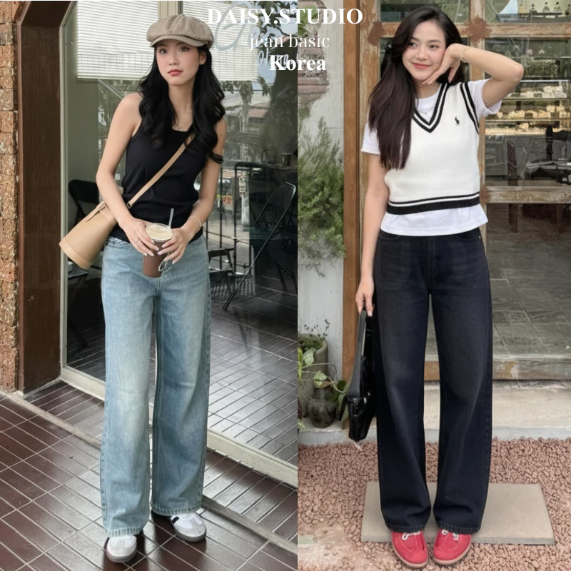 Quần jeans bò Trắng ống suông rộng Daisy vải denim cao cấp màu đen xám trầm Smoke phong cách Retro Hàn Quốc