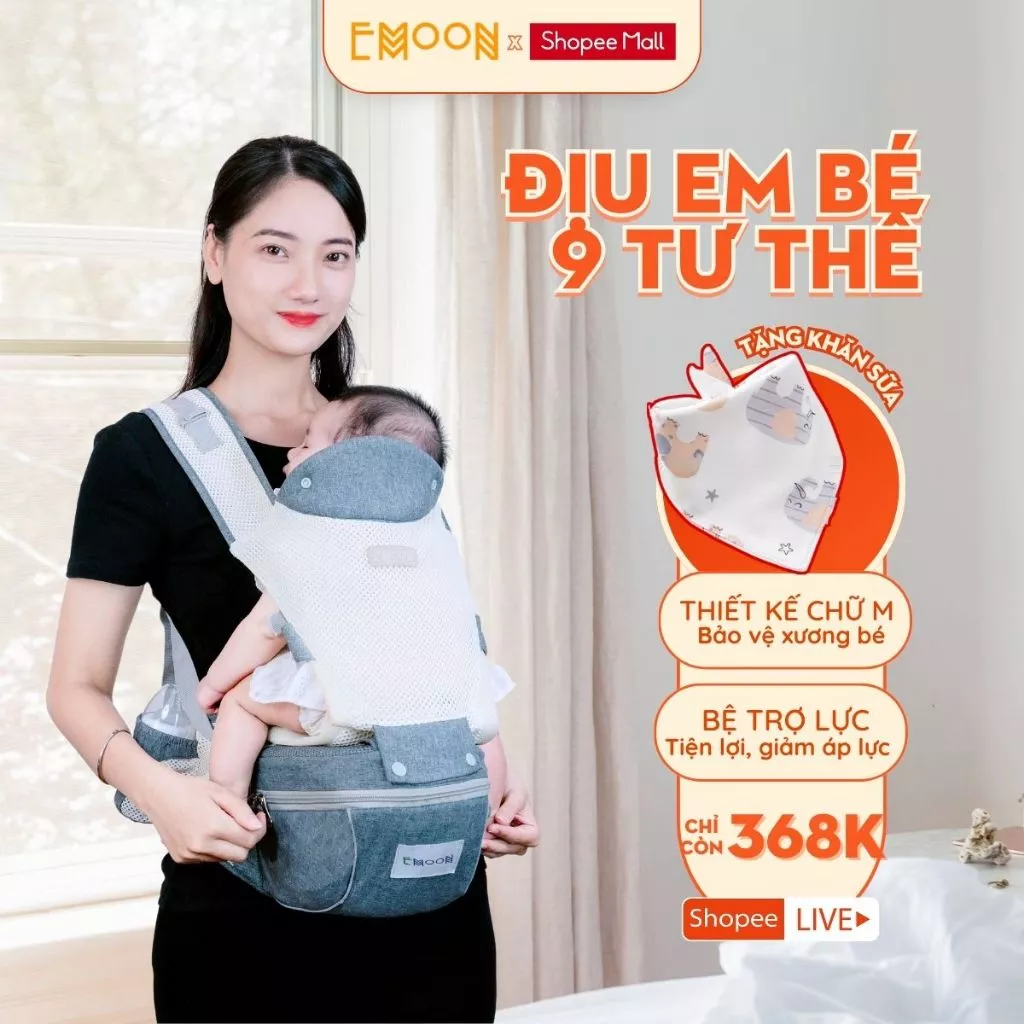 Địu em bé sơ sinh EMOON, đa năng có 9 tư thế chống gù cho bé từ 0-3 tuổi tư thế gọn nhẹ bề mặt vải 3D thoáng khí mềm mại