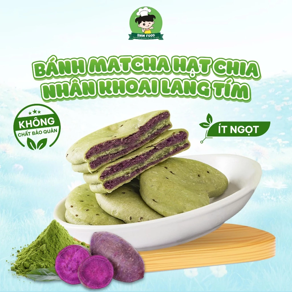 Bánh Matcha Hạt Chia Nhân Khoai Lang Tím Ít Đường Shin Food, Bánh Ăn Kiêng, Healthy Thơm Ngon Túi 250g, 500g, 1kg
