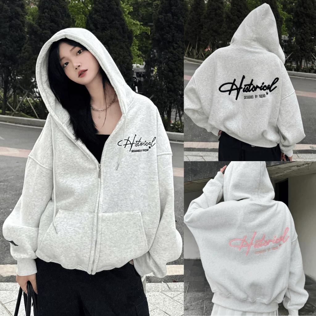Áo Khoác Nỉ , ÁO Khoác Hoodie Zip Form Boxy Thêu NQ30 HISTORICAL, Thêu Đắp Vải Form Rộng Nam Nữ Unisex 2026