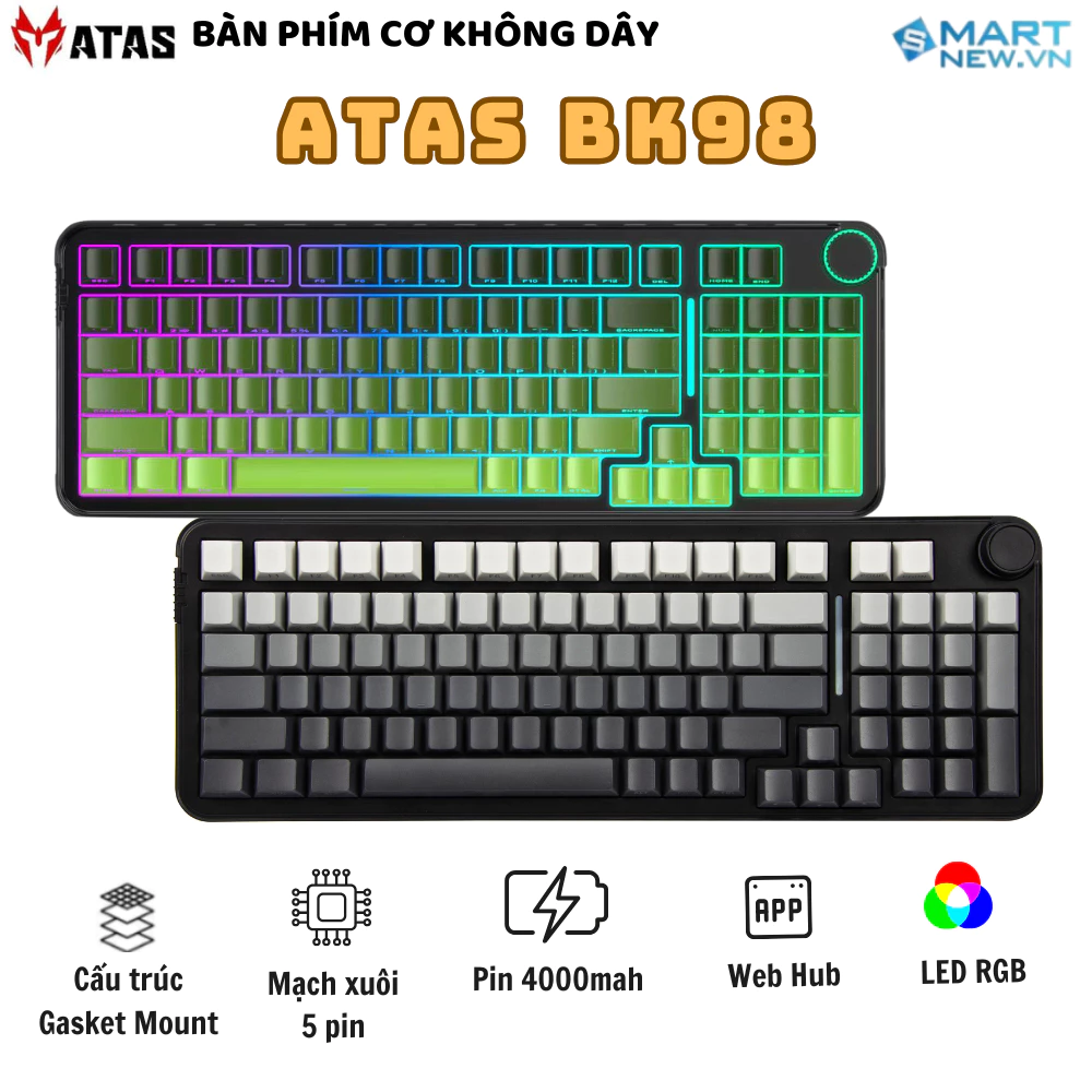 Bàn phím cơ ATAS BK98 không dây 3 mode - Mạch Xuôi - Hỗ trợ hotswap 5 pin - LED RGB - Có Web