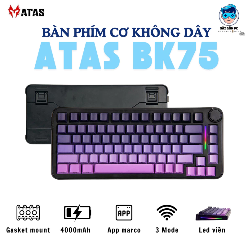 Bàn phím cơ ATAS BK75 không dây 3 mode - Mạch Xuôi - Hỗ trợ hotswap 5 pin - LED RGB - Có Web - Sài Gòn Computer