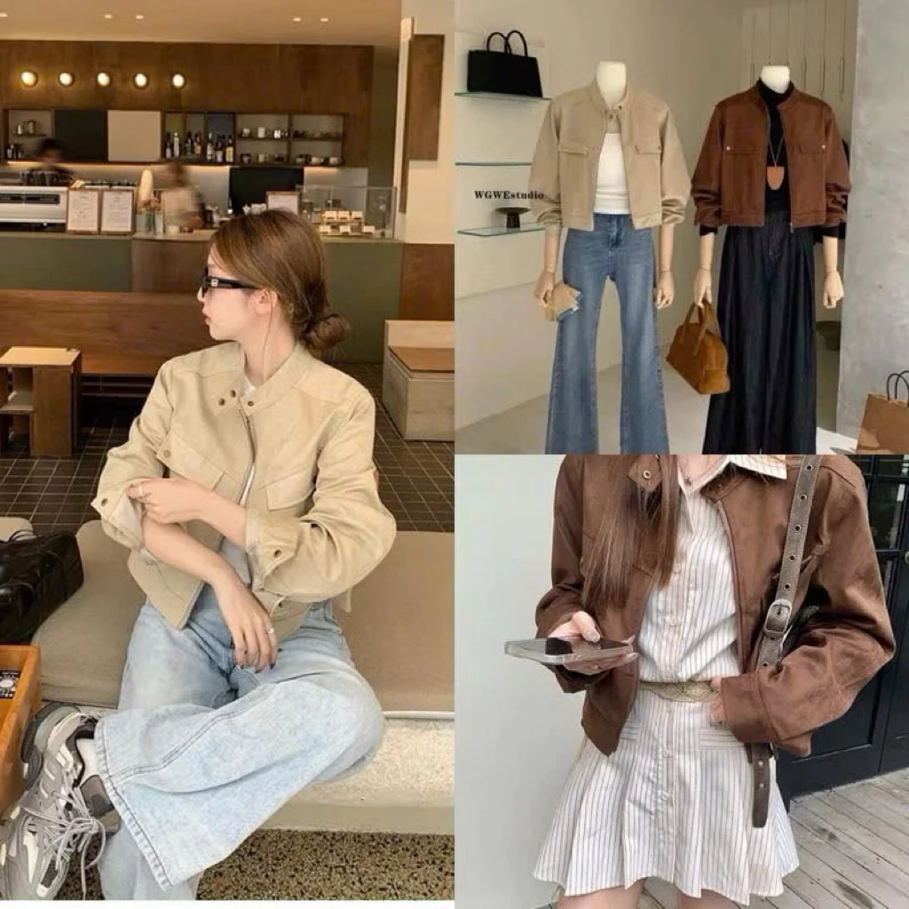 [Hàng loại 1 - sẵn] (MÀU BE) Áo khoác da lộn cổ trụ cúc bấm- Áo croptop thiết kế túi nắp đứng form