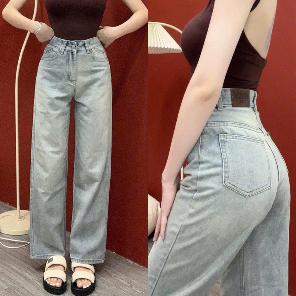 Quần Jean Nữ Ống Suông Lưng Cạp Cao Túi Đôi Vải Cotton Mềm Mát Không Co Giãn Q422