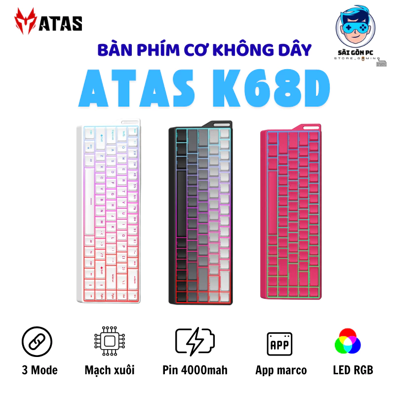 Bàn phím cơ Bluetooth Không dây ATAS K68D - Led RGB - Có hot-swap - Pin 4000mAh - Có APP tùy chỉnh - Sài Gòn Computer