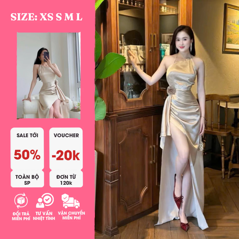ĐẦM LỤA HÀN CỔ YẾM ĐÍNH HOA EO XẺ CAO – QUYẾN RŨ, SANG TRỌNG, KIÊU SA (CÓ SIZE XS)