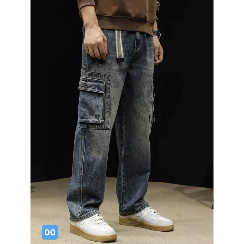 Quần baggy jean nam ống rộng có túi hộp màu xanh cao cấp - OBOKFASHION BG00 chất bò dãn nhẹ from dán chuẩn
