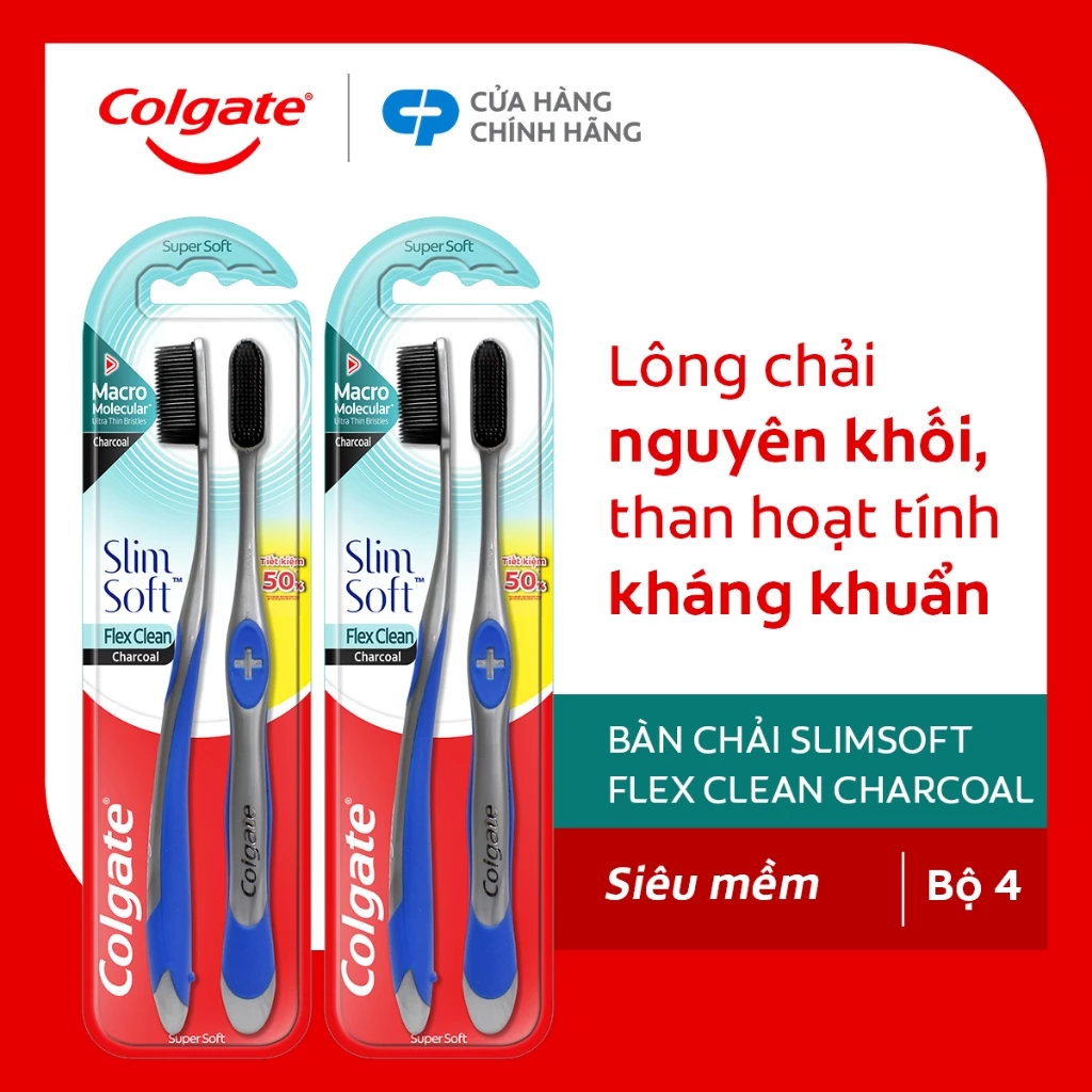 [Livestream] Bộ 4 bàn chải Colgate Slimsoft Flex Clean Charcoal nguyên khối than hoạt tính kháng khuẩn