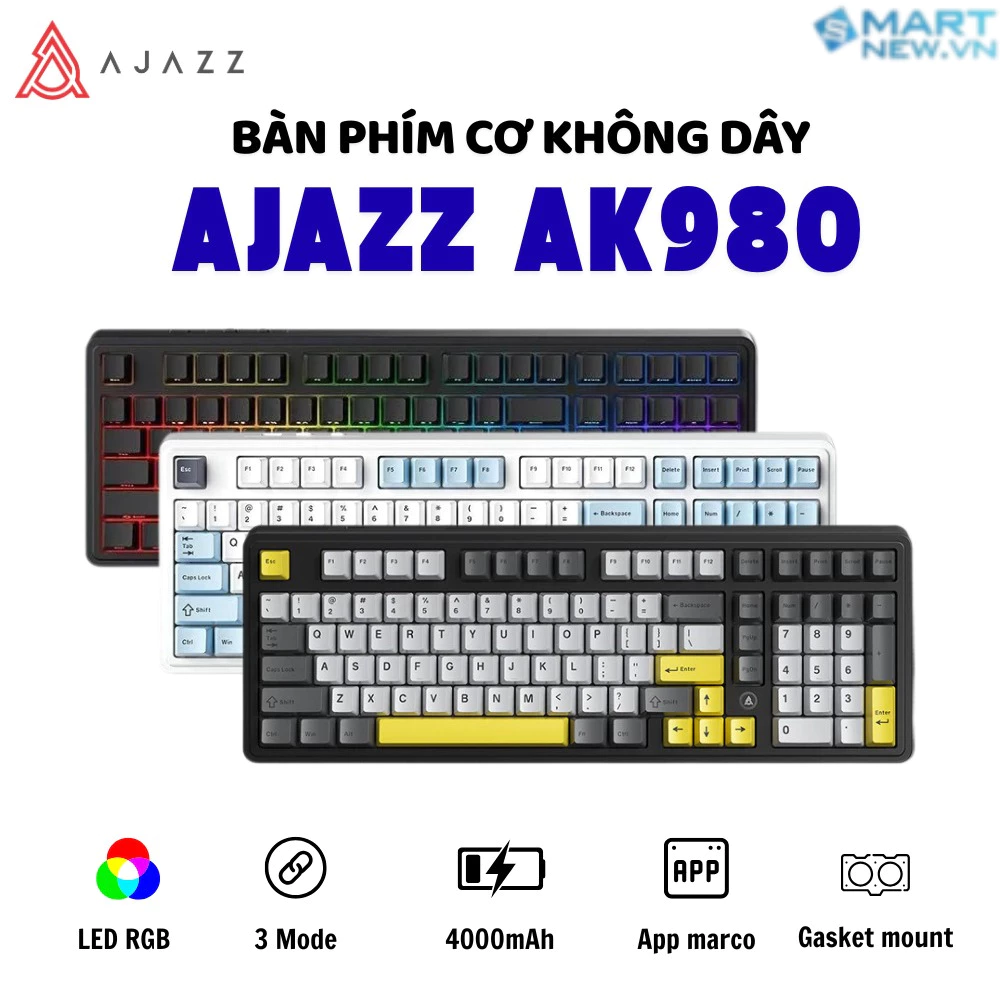 Bàn phím cơ Ajazz AK980 - 3 Mode - Led RGB- Gasket Mount - Pin 4000Mah - Có App - Hotswap 5 pin - Mạch xuôi