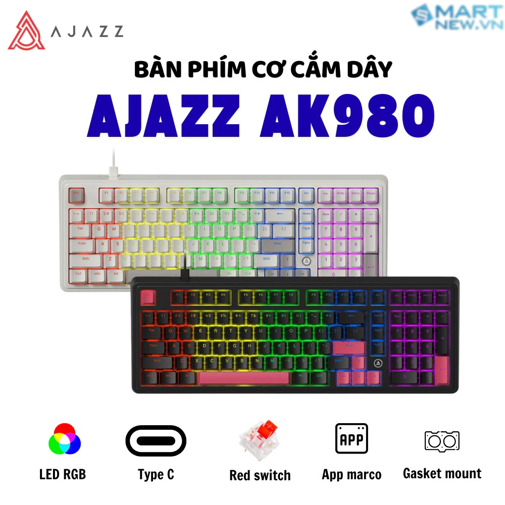 Bàn phím cơ cắm dây Ajazz AK980 - 1 MODE - Led RGB- Gasket Structure - Hot swap - App marco
