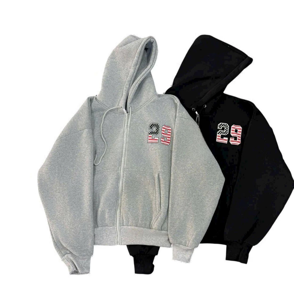 Áo Khoác Nam Nữ Có Túi Trong In Nổi 29 Lá Cờ Tay Dài Phồng Unisex Hoodie Zip Nỉ Bông Dày Dặn Mặc Ấm Top Jacket Thu Đông