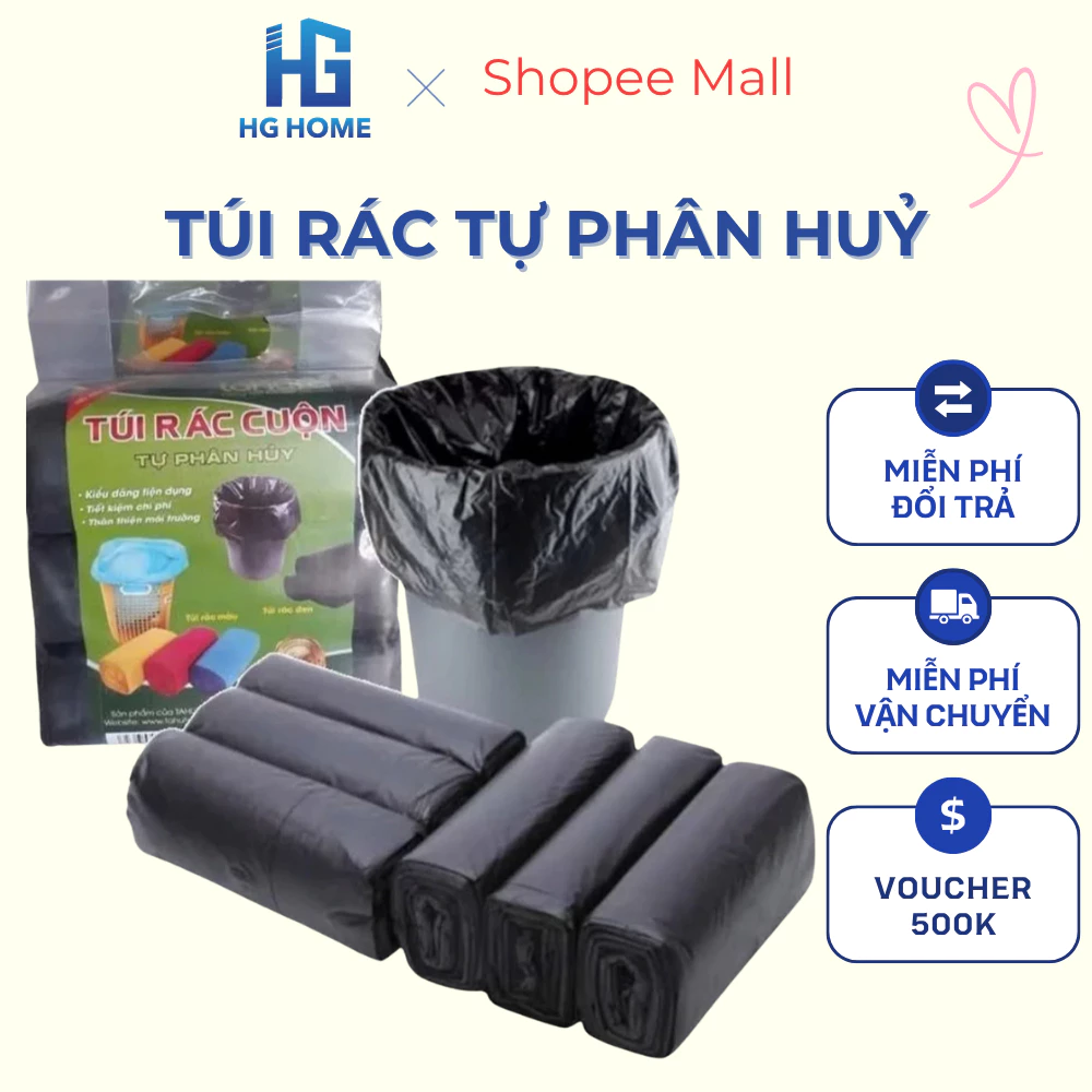 Túi Đựng Rác Tự Phân Hủy HGHOME Cỡ Lớn 55x65cm, Cuộn Dày Dặn Không Lõi Tiện Dụng Cho Gia Đình