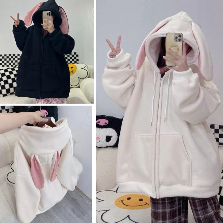 Áo Khoác Nỉ tàu Tai Thỏ Hồng , Áo Hoodie zip chất nỉ tàu mũ trùm 2 lớp dày dặn form rộng phong cách Hàn Quốc