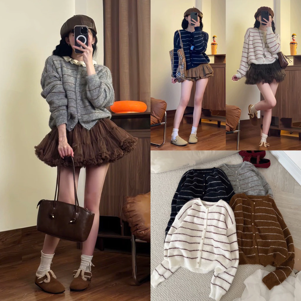 (HÀNG QC L1 Sẵn Giao ngay) Áo cardigan len lông thỏ kẻ sọc ngang phối cúc đồng LEN252