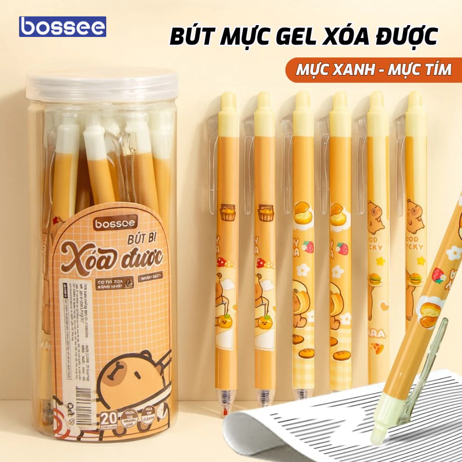 Bút Gel Xóa Được Capybara Hộp 20 Bút Viết Học Sinh Tiểu Học Mực Xanh/ Tím Ngòi 0.5mm Mực Đều Đậm