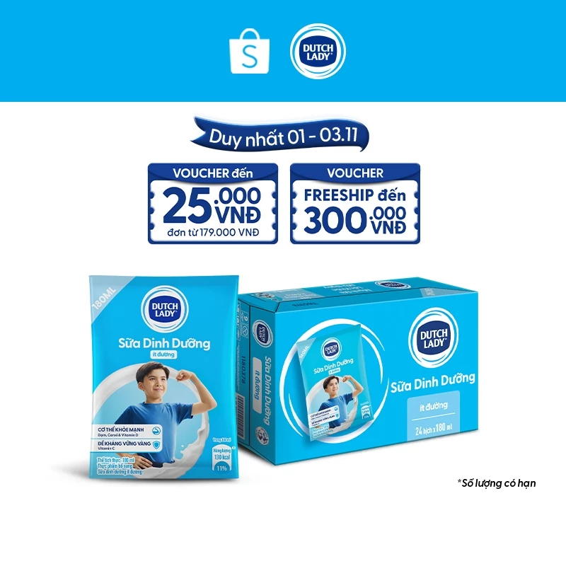 Thùng 24 Bịch Sữa Dinh Dưỡng Dutch Lady Ít Đường 24x180ml