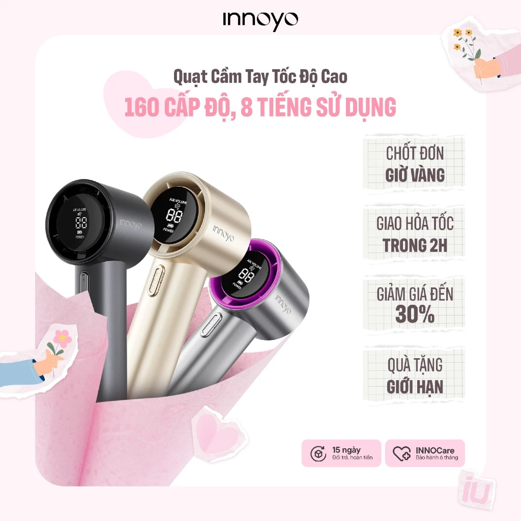 Quạt cầm tay INNOYO Gió Mạnh 160 cấp độ Pin 8 Tiếng Dung lượng 3600mAh | Bảo Hành 6 Tháng