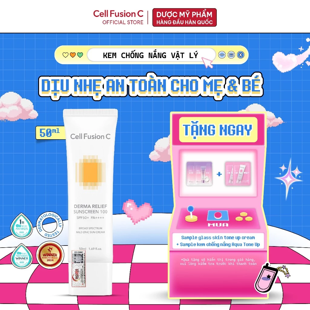 Kem Chống Nắng Thuần Vật Lý An Toàn Cho Mẹ Bầu & Em Bé Cell Fusion C Derma Relief Sunscreen 100 SPF 50+