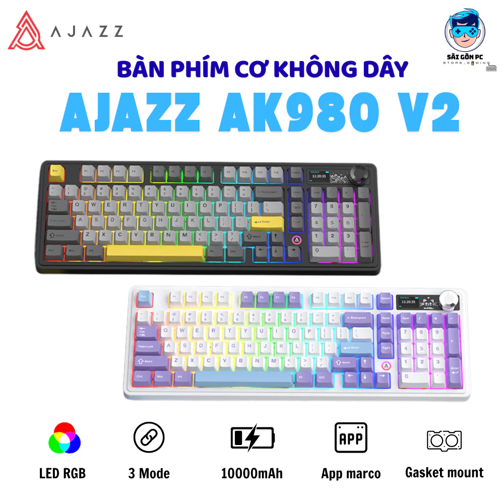 Bàn phím cơ Ajazz AK980 Pro V2 - 3 Mode kết nối - Led RGB- Gasket Mount - Pin 10000Mah - App Marco - Hot swap