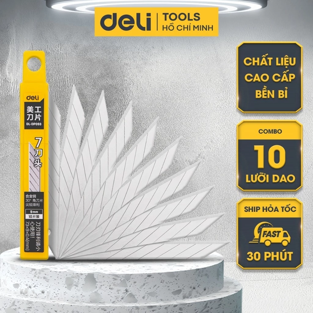 [SALE 50%] Hộp 10 Lưỡi Dao Rọc Giấy Deli, Chất Liệu Thép Hợp Kim Siêu Bền, Sắc Bén, Mũi Dao 30 Độ - DL-DP093