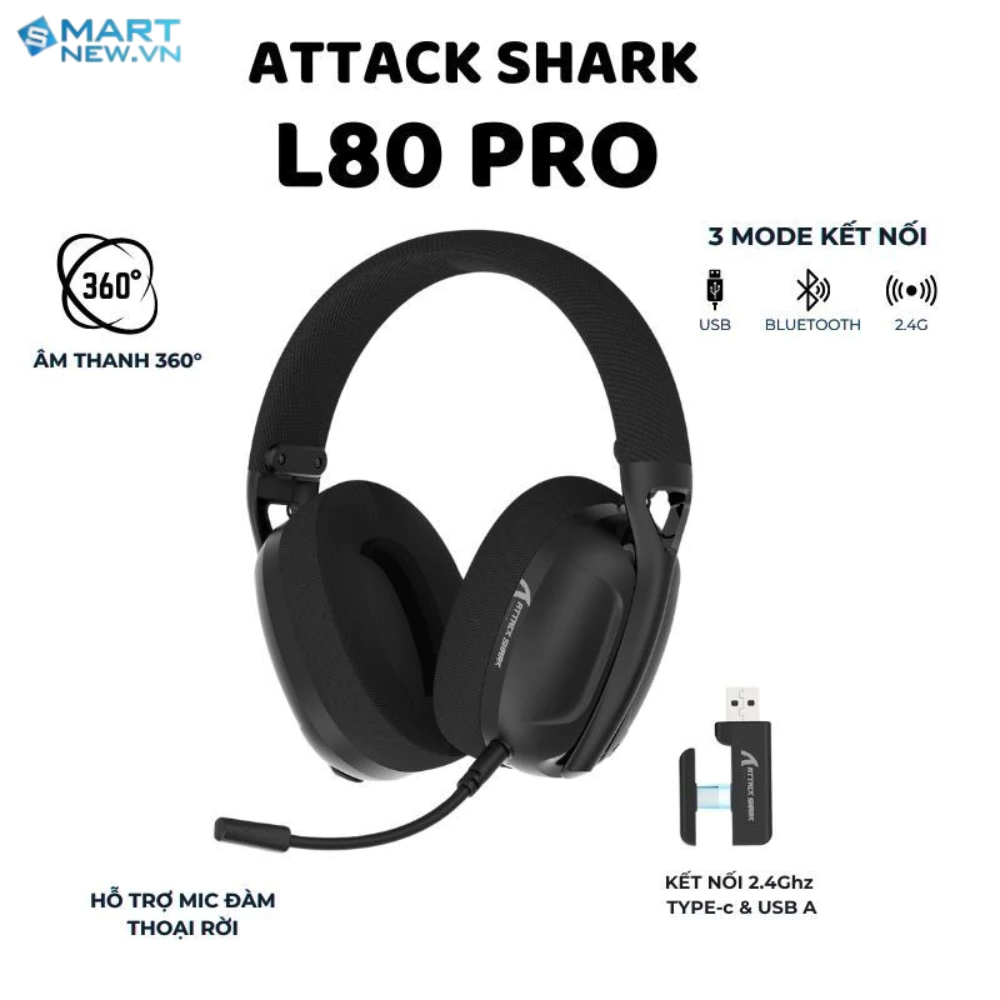 Tai nghe Gaming Attack Shark L80 Pro- 3 mode kết nối- Âm thanh 360 độ- Hỗ trợ Micro đàm thoại
