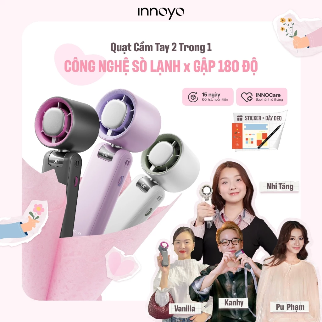 [Tặng dây đeo cổ] Quạt cầm tay INNOYO 2 Trong 1 Sò Lạnh Gập 180° 10h Sử Dụng | Bảo Hành 6 Tháng
