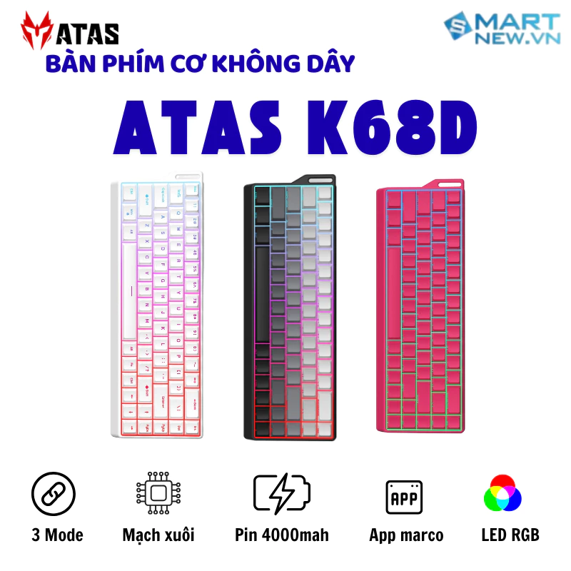 Bàn phím cơ Bluetooth Không dây ATAS K68 / K68D  - Led RGB - hot-swap - Pin 4000mAh - Có APP