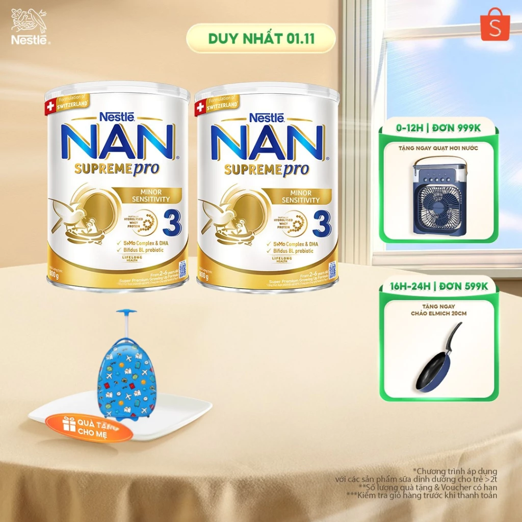 [Tặng Vali cho bé] Bộ 2 Lon Sữa bột Nestlé NAN SUPREMEPRO 3 800g nhập khẩu Đức đạm Gentle Optipro ngừa mẫn cảm